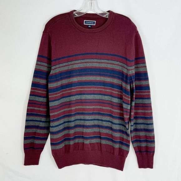 Club Room Mens Striped Cotton Sweater Large Burgundy - Picture 1 of 12